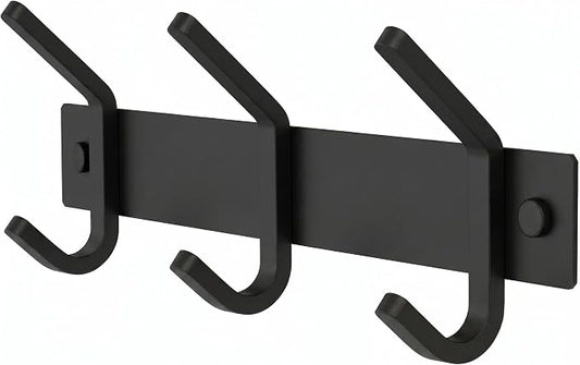 Coat Rack Wall Mount – 9 Inch Stainless Steel Small Hook Rail with 3 Double Coat Hooks for Hanging – Wall Mounted Entryway Organizer for Coats, Hats, Bags, Towels, Robes, Bedroom or Bathroom - Black