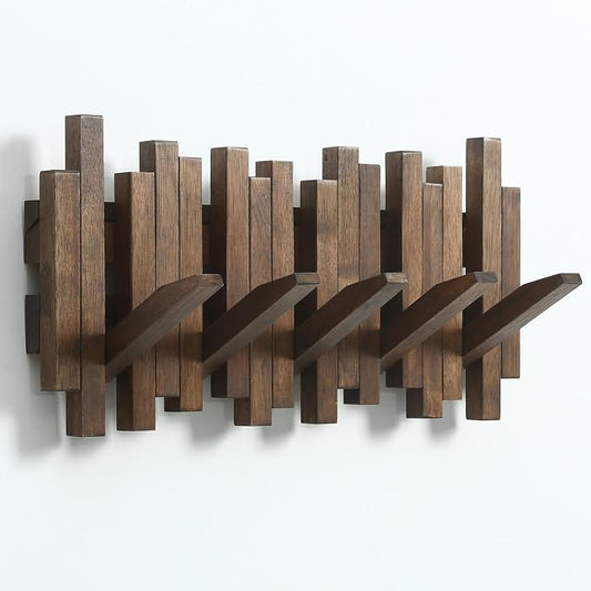 Natural Wood Wall Mounted Piano Coat Rack| Coat Rack Wall Mount| Flip Down Wall Hook Rack 5 Hooks| Entryway Coat Rack,Made of Acacia Wood (Walnut Color Dyed with Wood Wax Oil).Wall Art