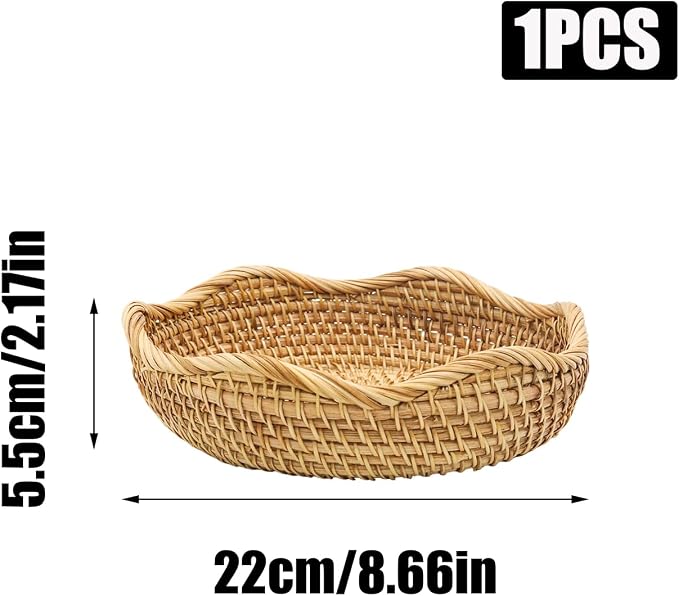 8.7" Round Rattan Basket Small Wavy Edge Handwoven Wicker Tray | Round Wicker Bowl for Fruit Bread Keys, Natural Handwoven Basket for Kitchen Entryway Table, Rustic Boho Decor Gift Accent