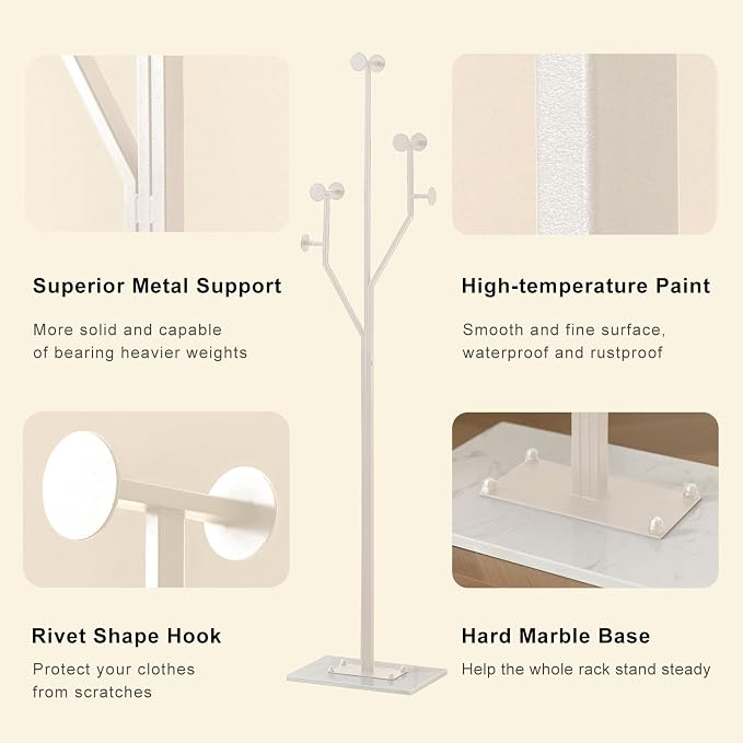 JIAYUEJU Freestanding Coat Rack Coat tree for Entryway Bedroom (White) | Tree-shaped, Easy Assembly, Space Saver, Heavy Duty, Metal Frame, Marble Base, 8 Hooks, Living Room, Office, Corner