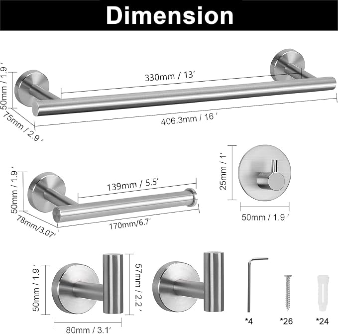 NearMoon Bathroom Hardware Set SUS 304 Thicken Stainless Steel-Towel Bar Set Include 16" Towel Rod, Toilet Paper Holder, Multifunctional Hooks Bathroom Accessories (Brushed Nickel, 10 Pcs)