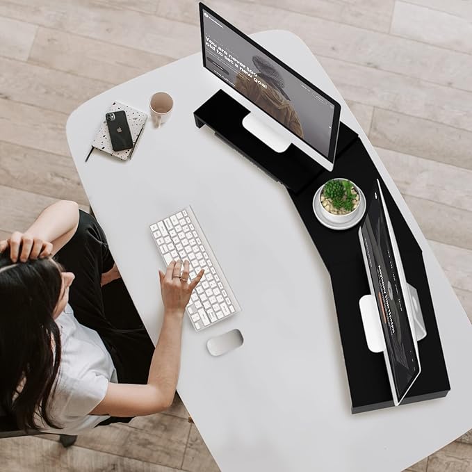 TAVR Monitor Stand Riser, Office Desktop Organizer Stand for 2 Monitors | Adjustable Length and Angle 3 Shelf, Extra Long Multifunctional Wooden Stand up to 43.3" fit Computer, Laptop, TV, Black