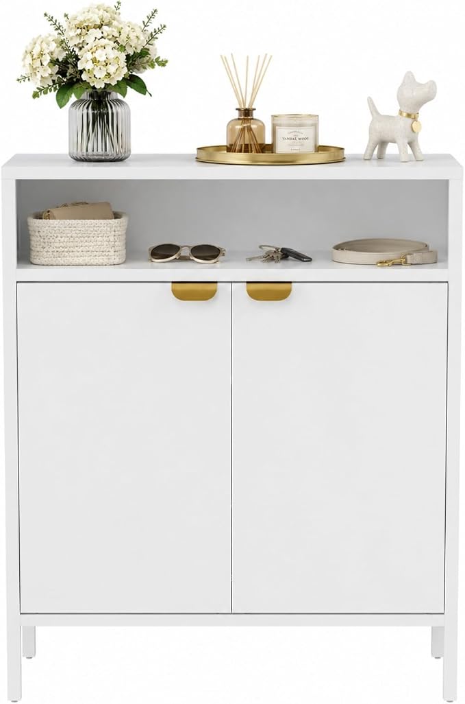 VINGLI Metal Shoe Cabinet, White Entryway Shoe Storage Cabinet with 2 Doors and Open Shelf, 31.5" Waterproof Metal Shoe Rack Organizer with Adjustable Shelves for Hallway, Entryway, Closet