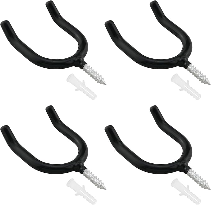 4PCS Screw In U shaped Hook Heavy Duty Wall Mounted Practical Hanging Hook for Garden Tools Shovels Rakes Rack Black