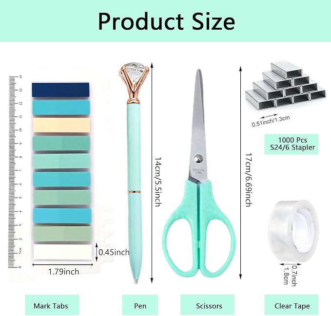 Office Supplies,Green Desk Accessories,Office Supplies Set,Desk Organizer,Stapler,Tape Dispenser,Scissors,Staple Remover,Binder Clips,Staples,Ballpoint Pen,Index Tabs with Ruler,Clear Tape.10pcs