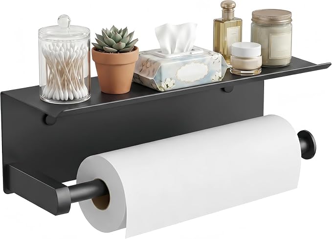 FORIOUS Wall Mount Paper Towel Holder with Shelf for Kitchen, Matte Black | Heavy Duty SUS304 Stainless Steel Paper Roll Organizer with Storage Spice Shelf, Screw-in for Bathroom, RV & Garage