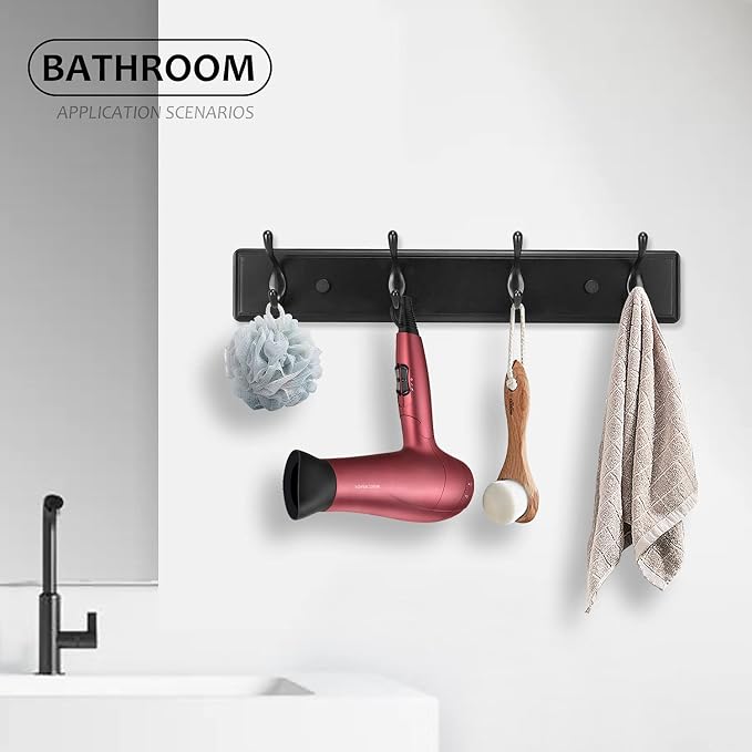 Badiano Wooden Coat Rack, Wall-Mounted Organizer for Closet, Entryway, Hallway, Foyer, Bedroom, Heavy Duty Double Hooks for Hanging Towels, Bags, Hats, Jackets, Key (Black, 4 Hooks)