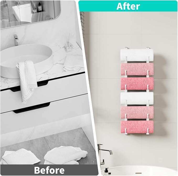 HapiRm Rolled Towel Racks for Bathroom - 6-Tier Over The Door & Wall Mounted Bathroom Towel Storage, Hanging Metal Organizer for Towels & Bath Sheets, Space Saving Rack for Bathroom, Camper, RV, White