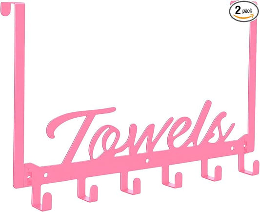 Azmoncy Over The Door Hooks, Towel Rack for Bathroom Door Rack for Hanging Heavy Duty, Door Hanger with 6 Hooks for Bedroom Bathroom Kitchen Bag, Coats, Hats(Pink)