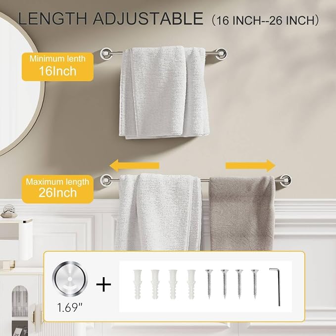 BESy Towel Racks for Bathroom Wall Mounted Bath Towel Bar Polished Chrome | Adjustable 16-26 In, Wall Mounted Towel Holder, Stainless Steel, Rustproof, Towel Bar Rod Hanger Hardware Accessories Hotel