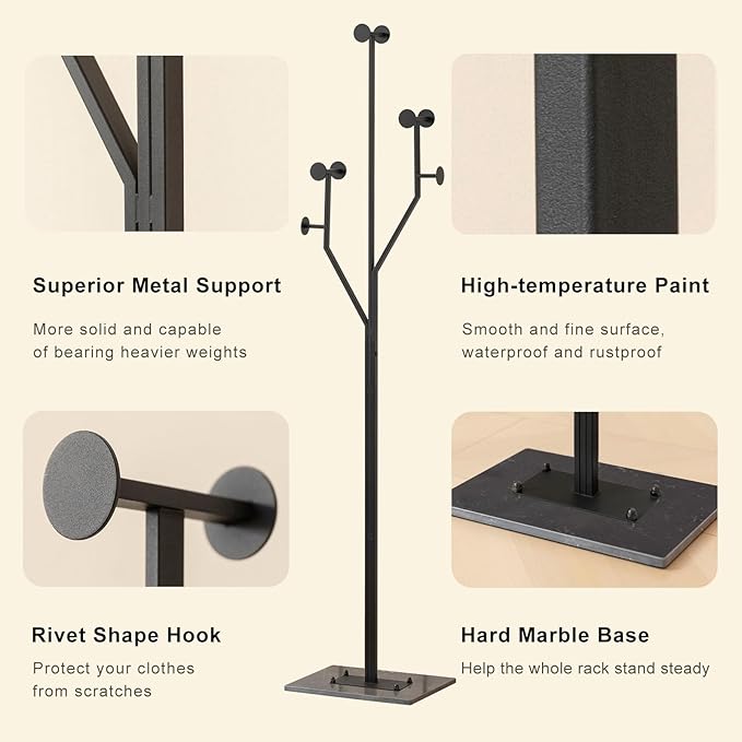 JIAYUEJU Freestanding Coat Rack Coat tree for Entryway Bedroom (Black) | Tree-shaped, Easy Assembly, Space Saver, Heavy Duty, Metal Frame, Marble Base, 8 Hooks, Living Room, Office, Corner