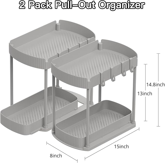 Ukeetap 2 Pack Multi-Purpose Pull-Out Storage Organizers, Under Sink Organizers and Storage for Bathroom & Kitchen, Under Cabinet Organizers and storage, 14.8 Inch, Grey