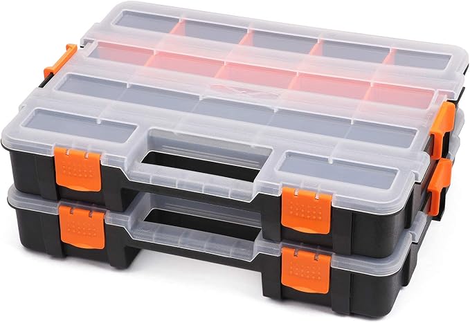 Makitoyo Tool Box Organizers, Interlocking Black Small Parts Organizer for Fasteners, Parts and Crafts w/Removable Dividers, 2 Pieces Pack, Black & Orange,15”L×11.6”W×2.6”H