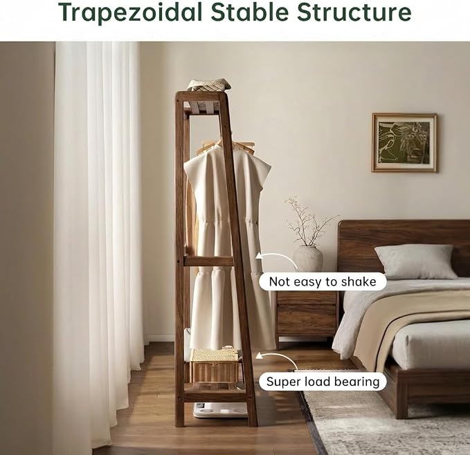 Solid Wood Clothes Rack, Clothing Rack with 2 Shelves Storage, Floor-Standing Coat Rack for Bedroom, Living Room, 16" x 20" x 63",Entryway,Walnut