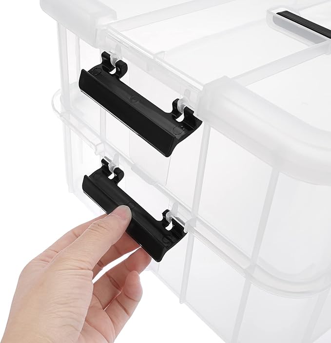 JUXYES 2-Tiers Plastic Stack Carry Storage Containers Box wih Handle Lids | Clear Stackable Latching Craft Storage Bin for School Office, Organizing Stationery, Sewing, Art Craft, DIY Supplies, Black