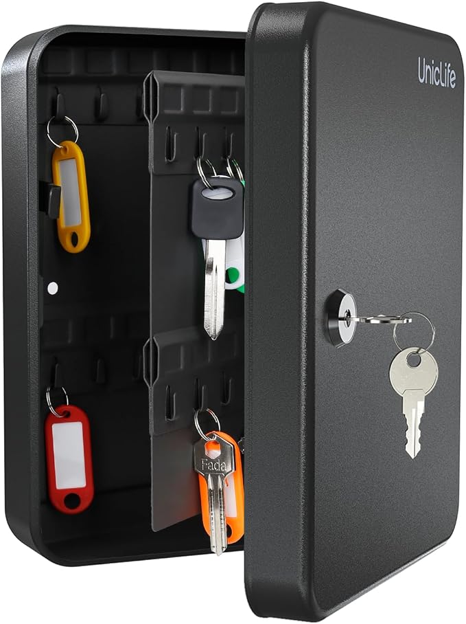 Uniclife 48-Key Steel Key Cabinet with 2 Unlocking Keys Wall Mounted Key Organizer Black Frosted Security Box with Hooks and Key Tag Labels Identifiers in 9 Assorted Colors