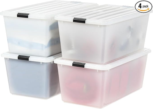 IRIS USA 4-Pack 91 Qt Stackable Storage Bins with Lids, Pearl | Discreet opaque design keeps belongings out of sight while organizing closets, bedrooms and seasonal storage, Stackable