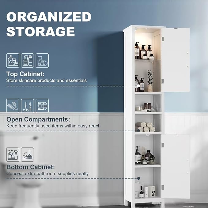 67" Tall Bathroom Storage Cabinet with Lights, Slim Narrow Bathroom Cabinet Organizer with Doors and Adjustable Shelves, Tall Cabinet for Small Space (66.9" Tall-White with Light)