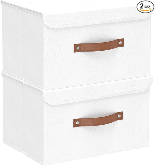 Yawinhe Storage Boxes with Lids 2 Pack, Collapsible Storage Bin with Handle, for Organizing Clothes, 33x23x20cm, White, SNK018WLS-2
