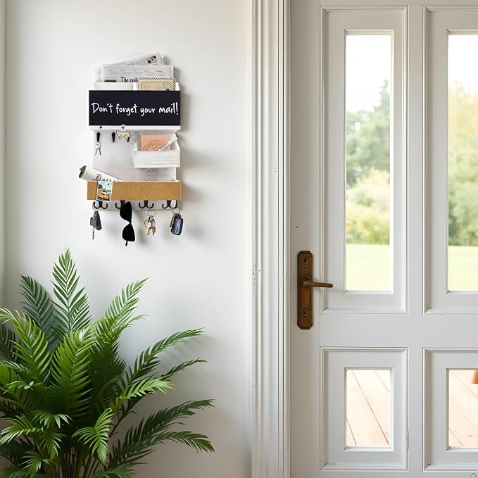Mail Organizer Wall Mount，Key Holder Mail and Key Organizer for Wall with Shelf, Chalkboard, Corkboard, Home Decor for Room Office Entryway(Ivory White)