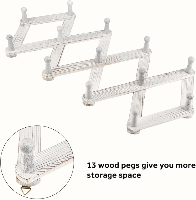 Accordian Wall Hanger, Expandable Coat Rack Wall Mounted, Accordion Style Wood Hat Rack with 13 Peg Hooks for Hanging Coats, Hats, Mugs, Bags, Purses, Necklaces, Rustic White