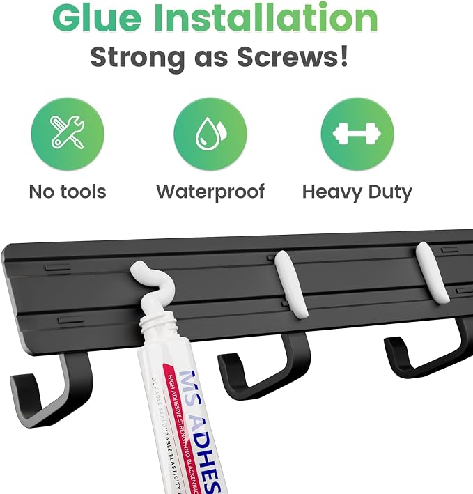 16-Inch Wall Mount Coat Rack with 6 Hooks, Compact Hooks for Hanging Coats, Hats, Bags and Purses in Entryway, Bedroom, Bathroom or Closet, Install with Strong Glue or Screws (3-Pack)