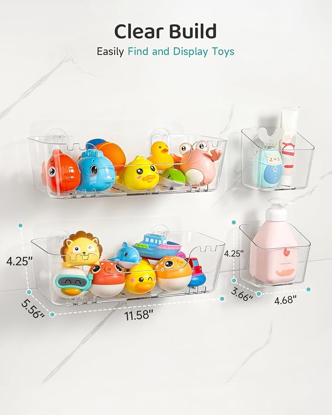 Bath Toy Storage Organizer 2+2 Pack, Bath Toy Holder with Drain Holes | Durable Plastic Bathtub Toy Storage for Bathroom, Quick-Dry Drainable Shower Caddy, Easy to Clean (Clear 2+2 Pack)