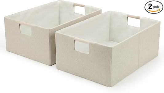 Foldable Fabric Storage Cubes, 2 Packs Cloth Storage Baskets with Wooden Handles, Collapsible Shelf Closet Organizer Bins, Rectangular Storage Boxes for Decor (Beige 2 Pack)