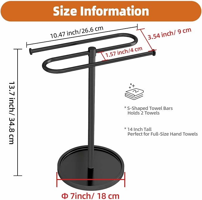 Bethom Hand Towel Holder Stand for Bathroom Countertop,S-Shape Bar,Black | Stainless Steel Hand Towel Racks Standing Holds 2 Towels for Kitchen