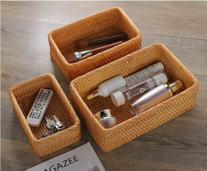 Yangqihome Natural Rattan Storage Baskets, Rectangular Woven Fruit Baskets, Decorative Wicker Basket and Small Baskets for Organizing (Set of 3)