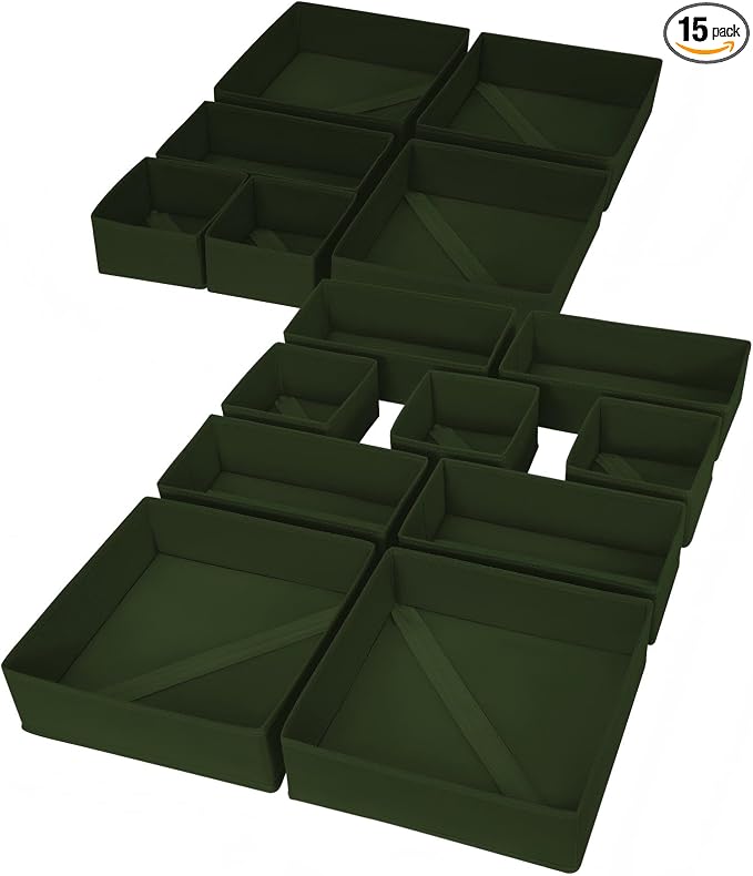 DIMJ Drawer Organizer Clothes, 15 Pack Dresser Organizer, Foldable Closet Organizers and Storage, Fabric Dresser Bins, Drawer Dividers for Nursery, Baby Clothes, Underwears, Sock (Green)