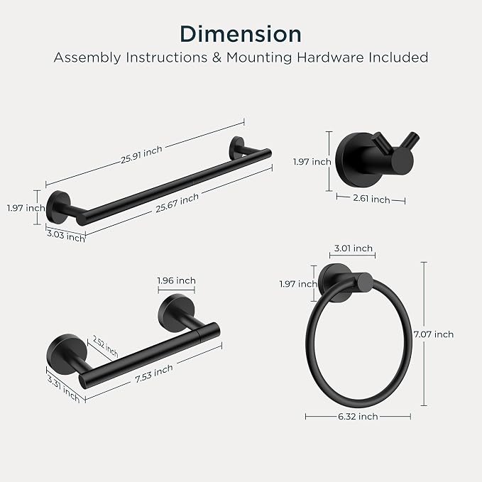 FORIOUS Bathroom Accessories, 4-Piece Bathroom Hardware Set - 24" Towel Bar | Matte Black | Towel Hooks, Towel Racks for Bathroom, Toilet Paper Holder Wall Mounted & Towel Ring | SUS304 Stainless Steel