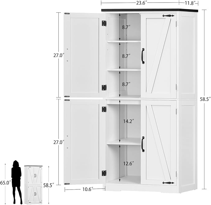 58" H Storage Cabinet,Farmhouse Kitchen Pantry Cabinet with 4 Doors | Bathroom Cabinet with Adjustable Shelf, Cupboard for Kitchen, Bathroom, Living Room, White