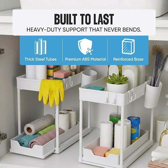 Undersink Organizer, 2-Tier Under Sink Storage Rack with Sliding Drawers for Kitchen Bathroom Cabinets, Pull Out Organizer for Pantry, Laundry Room & Closet Organization - 1 Pack, White