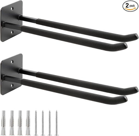 Sinoer 2 Pack Steel Wall Mount Double Garage Storage Hooks | 14 inch heavy steel double wall hooks organize ladders, chairs, ropes, tires & strollers for garage use