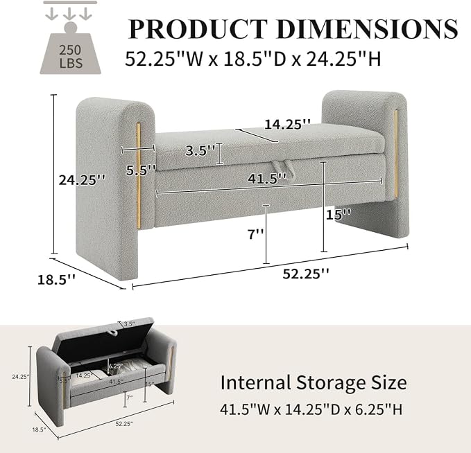 NIOIIKIT 52" Storage Ottoman Bench, Teddy Upholstered Storage Bench with Armrest, Entryway Bench with Pull-Ring, End of Bed Bench with Padded Cushion, Window Bench for Living Room (Grey)