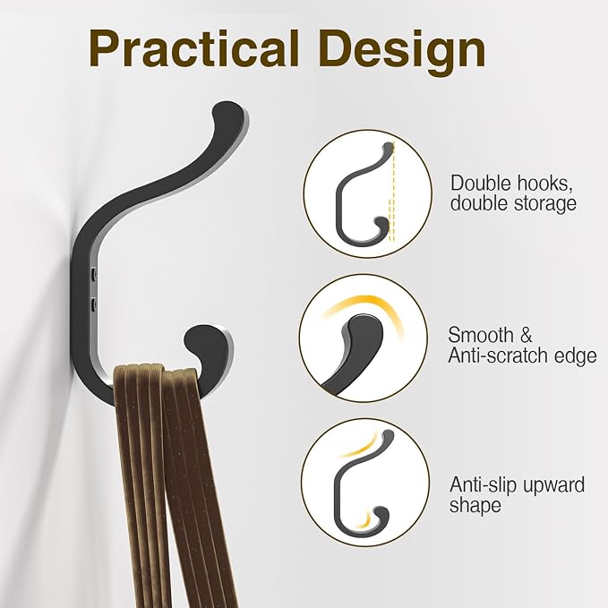 bussdis Coat Hooks Wall Mount for Hanging, Heavy Duty Backpack Hooks for Wall, Hold up to 30 lbs, Large Hanger Hooks for Towels, Purses, Clothes, Mudroom, Bathroom, Door, Black, 4 Pack