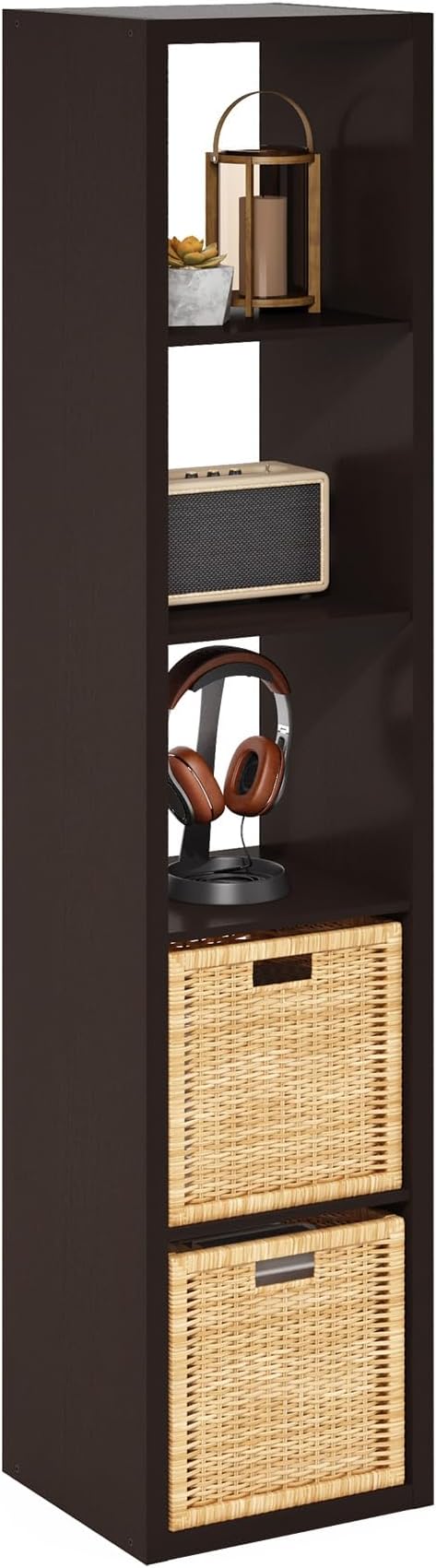 5-Cube Tall Cubicle Bookshelf, Cube Bookcase with Open Back, Reversible Book Shelf, Cube Storage Organizer, 15 x 16 x 72, for Living Room, Home Office, Dark Oak
