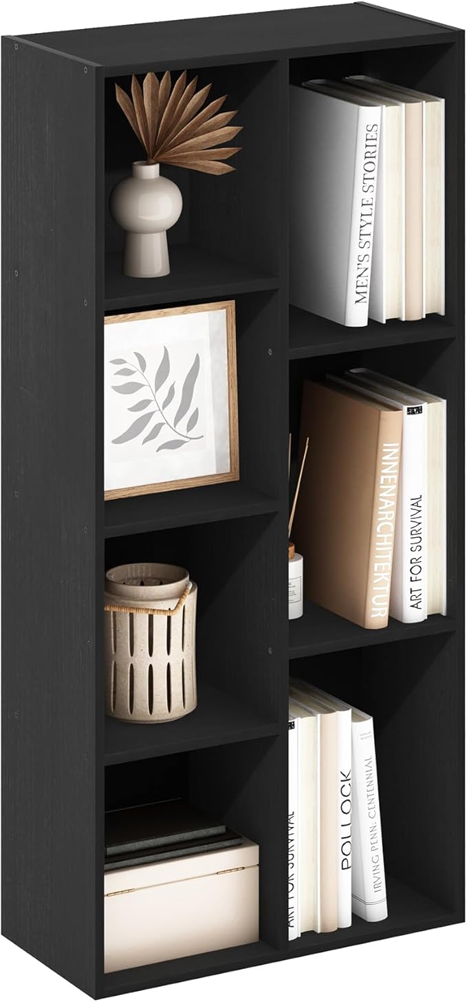Furinno LUDER Book Shelf, 7-Cube Bookshelf, Bookcase with Open Shelves, 9.4 x 19.5 x 41.7, Easy Assembly, for Living Room, Bedroom, Home Office, Blackwood