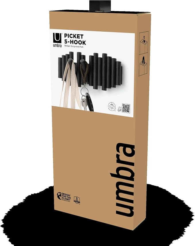 Umbra Picket Wall-Mounted Coat Rack Rail Hook with 5 Retractable Wood Pegs – Modern, Space-Saving Storage Organizer, Black