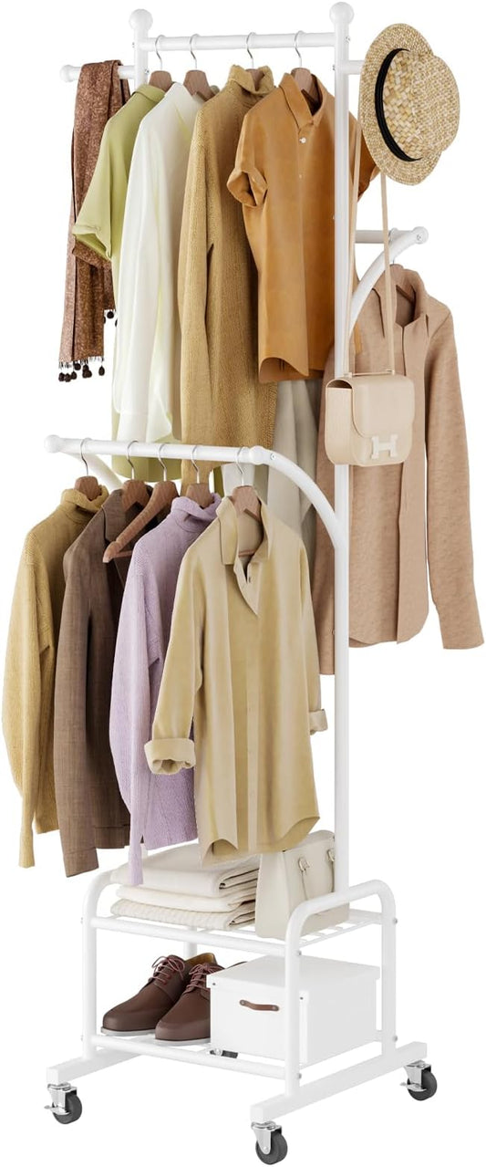 Rolling Clothes Rack with 2 Shelves, Small Metal Clothing Rack with Wheels | Gasvadivum 71" Tall Sturdy Garment Rack with 3 Hanging Rods, Freestanding Portable Coat Rack for Laundry Room, Bedroom, White