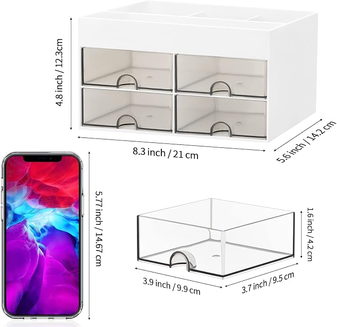LETURE Desktop Organizer with Drawer, Accessories Stationary Organizer Desk Caddy, Pen/Pencil/Business Card/Sticky Note Tray/Paperclip Holder Storage Box (White)