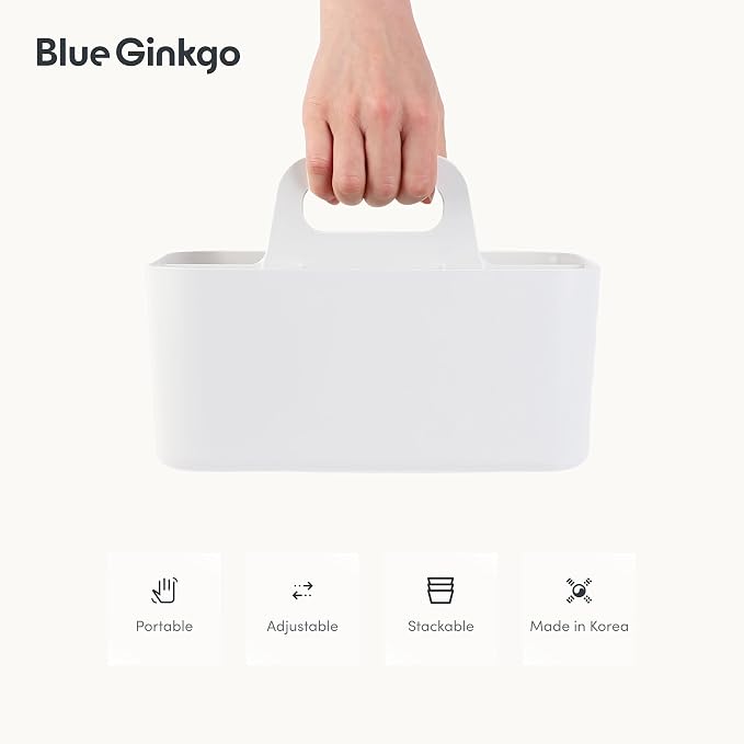 BLUE GINKGO Stackable Organizer Caddy, Rectangle, White, Made in Korea | Portable. Adjustable. Home, Office & School Storage.