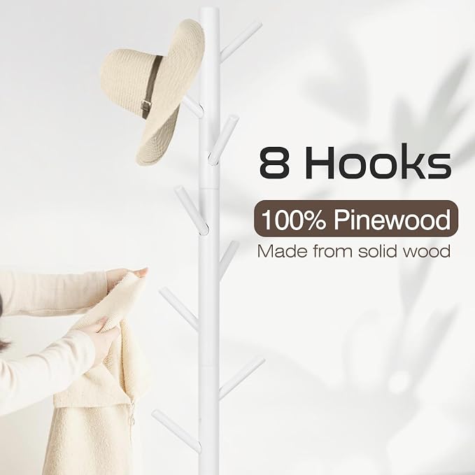 WANGMUXIA Freestanding Coat Rack | Coat Rack with 8 Hooks and 3 Adjustable Size Tree for Bedroom, Hallway, Entrance, Office, for Hats, Coats, Scarves, Handbags