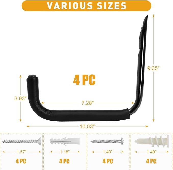 KURUI 10" Garage Organization Wall Hooks, 66 LB Heavy Duty Water Hose Holder for Hanging Ladder Extension Cord Garden Tool Cable, 4 Pcs, Black