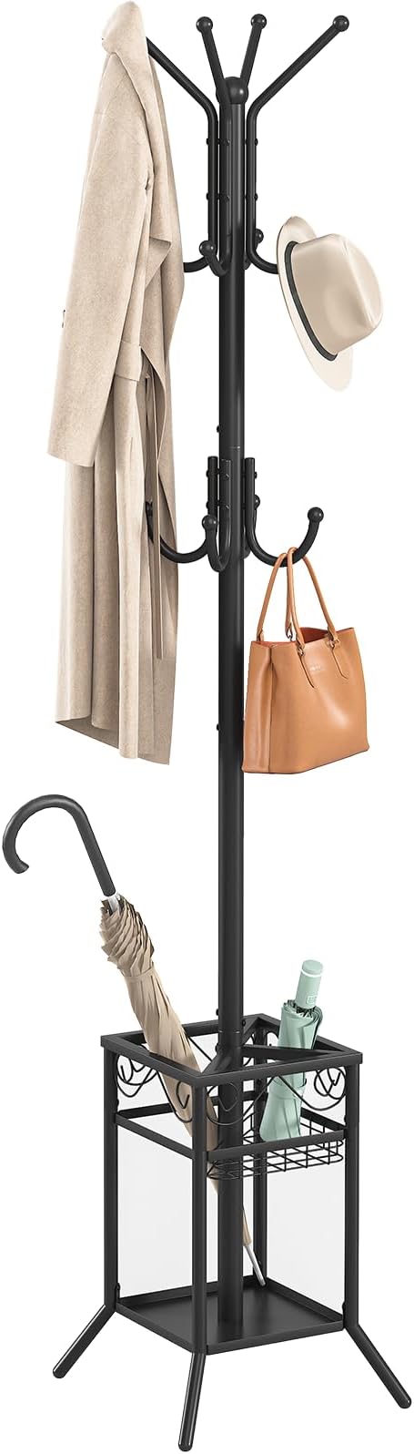 ELYKEN Coat Rack Freestanding, Metal Coat Rack with Umbrella Holder | 12 Hooks, Square Base, Heavy Duty Floor Standing Coat Tree for Entryway, Hallway, Living Room, Bedroom, Office, Black