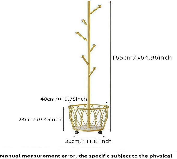 Gold Moveable Tree Metal Coat Rack with Basket Freestanding 65" | Organizer for Scarf Jacket Hat Bags Ideal for Home Entryway Bedroom Corner Stable