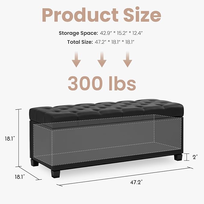 Living&Giving Leather Storage Ottoman Bench for Bedroom, 47.2", Black | 47.2'' faux leather storage ottoman with safety hinge, tufted seat and spacious hidden storage for everyday organization