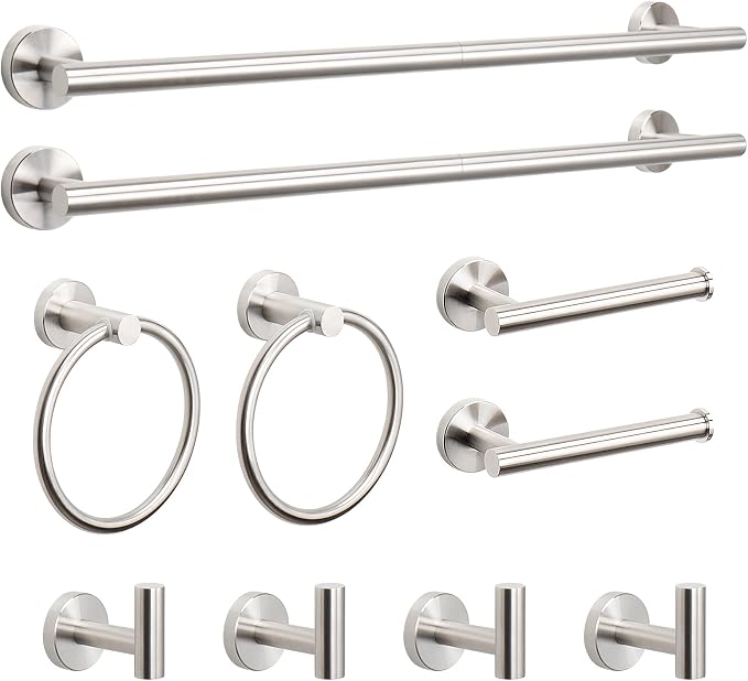 NearMoon 10 Pieces Bathroom Hardware Set SUS304 Thicken Stainless Steel-Towel Rack Kit Include 26" Towel Rod + Bath Towel Ring + Toilet Paper Holder + Robe Towel Hooks Bath Accessories (Nickel)