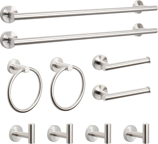 NearMoon 10 Pieces Bathroom Hardware Set SUS304 Thicken Stainless Steel-Towel Rack Kit Include 26" Towel Rod + Bath Towel Ring + Toilet Paper Holder + Robe Towel Hooks Bath Accessories (Nickel)
